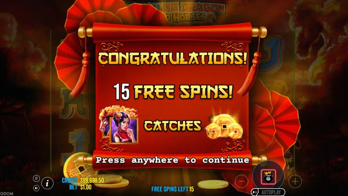 Floating Dragon Wild Horses slot machine screen with Asian theme elements