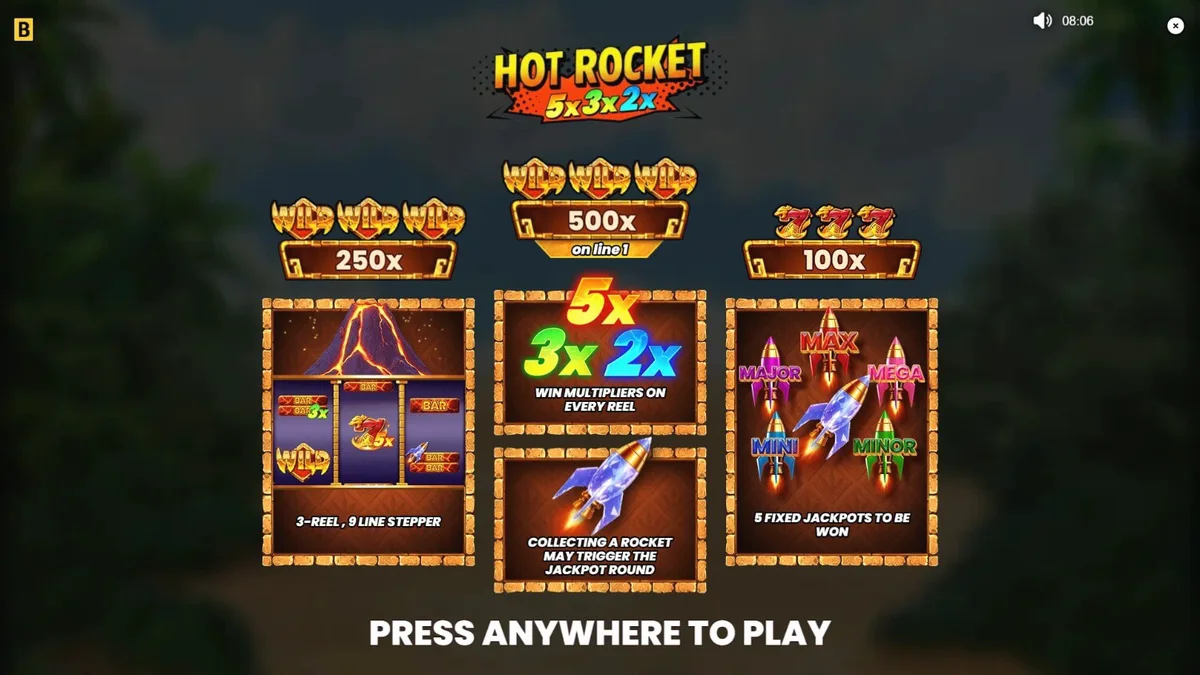 Hot Rocket 5x 3x 2x স্লট গেমের ইন্টারফেস এবং আগ্নেয়গিরির থিম